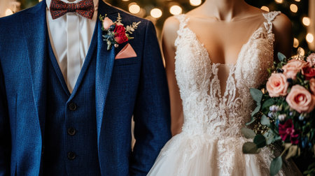 A stunning portrait of a bride and groom showcasing elegance and romance. The bride wears a beautiful dress and holds a floral bouquet, while the groom complements her look in a stylish suit.の素材