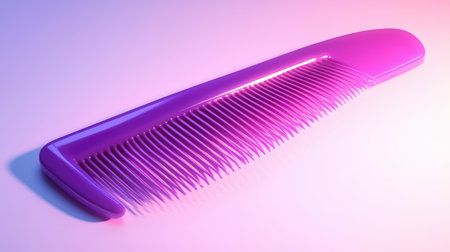 This vibrant purple hair comb sits elegantly on a smooth surface, reflecting light and showcasing its stylish design, perfect for beauty and grooming needs.の素材