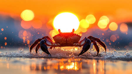 A stunning crab silhouette emerges against a vibrant sunset, surrounded by shimmering water bokeh. This captivating image captures nature's beauty and tranquility.の素材
