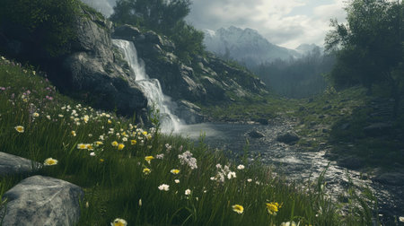 A picturesque mountain landscape showcasing a serene waterfall flowing into a clear stream, surrounded by vibrant wildflowers and lush green grass under a cloudy sky.の素材