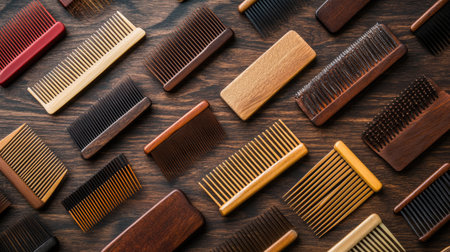 A diverse collection of wooden and plastic combs arranged on a wooden surface. This image showcases grooming tools essential for haircare and styling.の素材