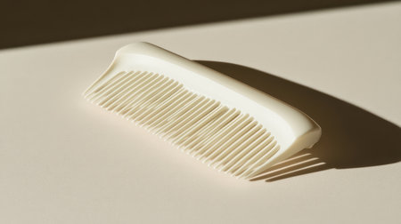A minimalist white comb rests elegantly on a smooth surface, casting soft shadows. This serene image captures beauty and simplicity, perfect for haircare themes.の素材