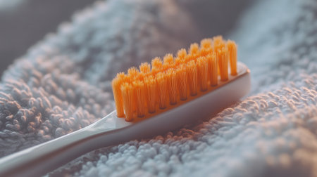 A close-up image of a bright orange toothbrush resting on soft fabric. This vivid composition emphasizes cleanliness and personal care, perfect for dental health themes.の素材