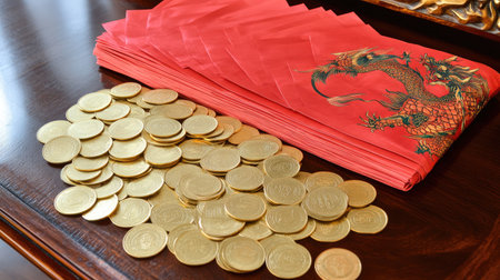 A vibrant arrangement of red envelopes and shining golden coins, perfect for celebrating cultural festivities and family gatherings, symbolizing luck and prosperity.の素材