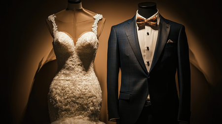 A stunning display of an elegant bridal gown and a formal groom's suit, featured in dramatic lighting. Perfect for wedding attire inspiration.の素材