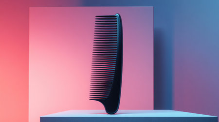 A sleek black comb stands upright on a pedestal, surrounded by a colorful backdrop. The minimalist design highlights the beauty and functionality of this everyday grooming accessory.の素材