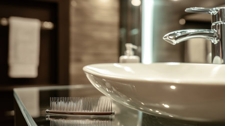 A stylish bathroom scene featuring a sleek sink and a hair comb on a glass surface, showcasing modern aesthetics and cleanliness. Perfect for home decor inspiration.の素材