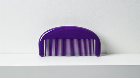 A vibrant purple plastic comb placed on a clean white surface. This image showcases an essential grooming tool ideal for hair care and styling purposes.の素材