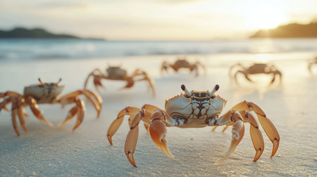 A captivating scene of crabs walking on a sandy beach during sunset, showcasing the beauty of wildlife along the coast in a serene atmosphere.の素材