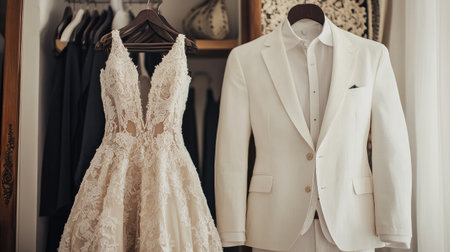 Stunning wedding attire featuring a delicate lace dress and a classic white suit. Perfect for capturing the essence of love and celebration in stylish settings.の素材