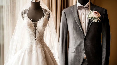 A stunning display of elegant wedding attire featuring a beautiful bridal gown alongside a classic groom's suit. Perfect for wedding inspiration and planning.の素材