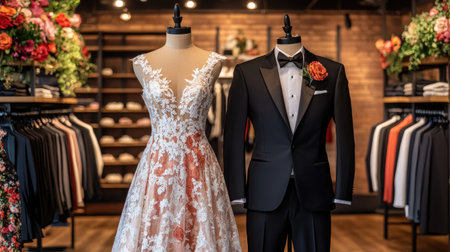 A stunning bridal dress paired with a classic tuxedo displayed in a fashionable boutique. This elegant setup highlights fine tailoring and beautiful details, perfect for special occasions.の素材