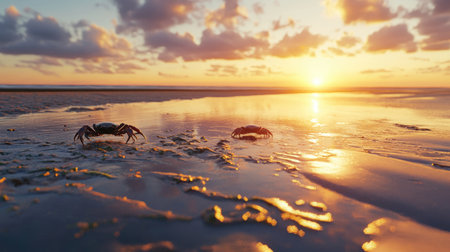Two crabs explore a sandy beach at sunset, reflecting color on calm water. The serene scene captures nature's beauty during dusk.の素材