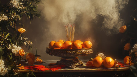 A serene still life featuring vibrant oranges and incense on a decorative stand, surrounded by flowers and soft smoke, evoking a sense of tranquility and tradition.の素材