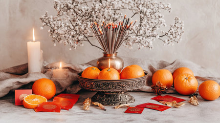 A serene still life composition featuring vibrant oranges, aromatic incense, and soft candlelight, perfect for evoking warmth and tranquility in any space.の素材