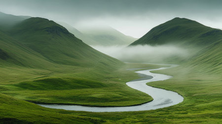 Explore a tranquil landscape showcasing a winding river surrounded by lush green hills. The soft fog adds a mystical touch to this serene environment.の素材