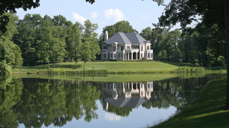 This image showcases an elegant modern house set in a lush green landscape, reflected in a tranquil pond, creating a serene and picturesque atmosphere.の素材