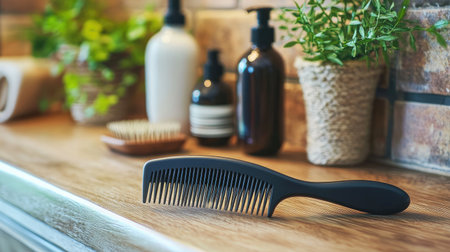A black comb rests on a wooden countertop surrounded by hair products and greenery. This image captures a serene and organized beauty space, perfect for personal care.の素材
