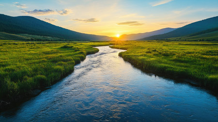 This stunning image showcases a serene river flowing through a lush green valley during sunset, highlighting the peaceful beauty of nature in golden light.の素材