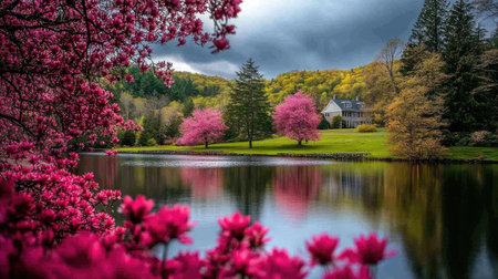 A serene spring lakeside view featuring vibrant cherry trees in full bloom, reflecting on calm waters. A charming home adds warmth to the picturesque landscape.の素材