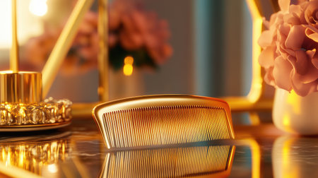 A luxurious golden comb rests elegantly on a polished marble surface, surrounded by soft floral accents. The warm lighting enhances its beauty and elegance.の素材