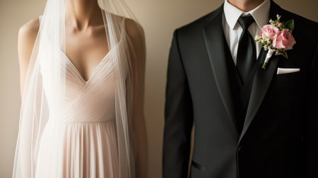 Close-up of an elegant bridal couple showcasing the bride's veil and exquisite gown, alongside the groom's formal attire, highlighting love and celebration.の素材