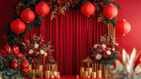 Stunning arrangement featuring elegant red lanterns and lush floral decor, perfect for festive celebrations. Ideal for events seeking a vibrant, cultural atmosphere.の素材