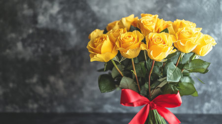 This elegant bouquet features vibrant yellow roses tied with a red ribbon, perfect for gifts or celebrations. Brighten any space with this cheerful floral arrangement.の素材