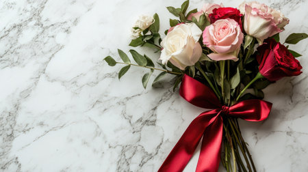 A stunning floral bouquet featuring red, pink, and white roses tied with a red ribbon, beautifully arranged on a sleek marble surface, perfect for various occasions.の素材