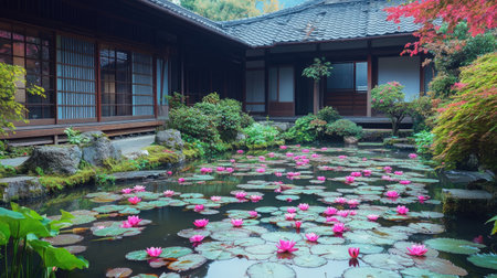 A tranquil Japanese garden featuring a serene pond adorned with beautiful pink water lilies, surrounded by lush greenery and traditional architecture.の素材