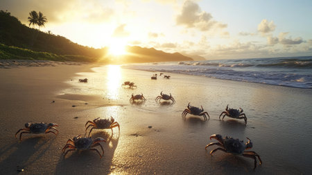 A serene beach scene at sunset featuring crabs walking along the shore. The glowing horizon reflects on the water, creating a picturesque and tranquil environment that showcases nature's beauty.の素材