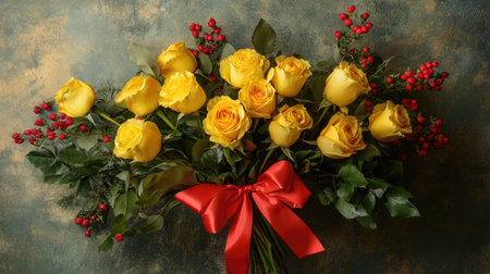 A beautifully arranged bouquet featuring vibrant yellow roses surrounded by red berries and lush greenery, perfect for any special occasion or to brighten up the space.の素材