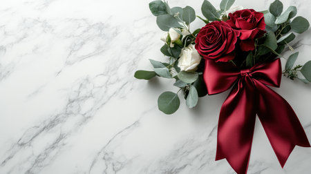 A beautiful floral arrangement featuring red and white roses intertwined with lush greenery, adorned with a rich red ribbon, perfect for any romantic occasion.の素材