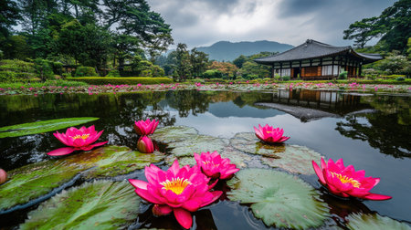 This stunning image features vibrant pink lotus flowers floating on a calm pond, reflecting a traditional Japanese pavilion amid lush greenery. Experience tranquility.の素材