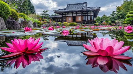 A serene Japanese garden featuring blooming pink lotus flowers and a traditional pavilion. The tranquil pond reflects vibrant flora and a cloudy sky, offering peaceful scenery.の素材