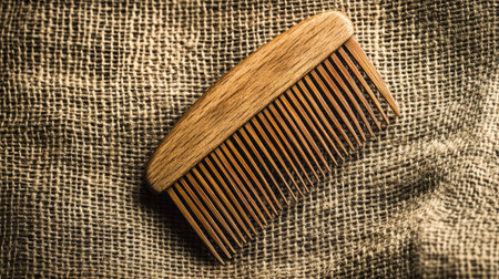 A beautifully crafted wooden hair comb resting on a textured natural fabric, showcasing simplicity and elegance. Perfect for hair care and grooming.の素材