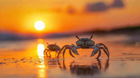 Two crabs traverse the glistening sand at sunset, capturing a serene moment on the beach. The vibrant orange sky reflects beautifully on the water's surface.の素材