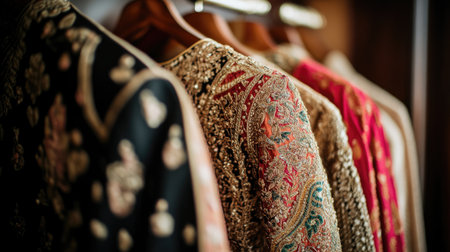 This image features an exquisite collection of traditional attire elegantly hanging in a wardrobe, showcasing intricate embroidery and rich colors.の素材