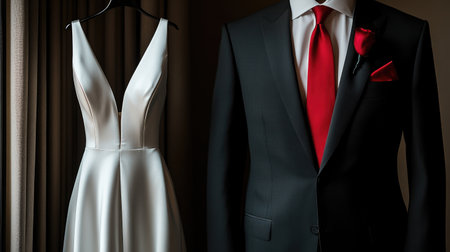 Stunning display of a bridal gown and groom's suit, capturing elegance with soft lighting. The contrast between the sleek dress and sharp suit sets a romantic atmosphere for a wedding.の素材