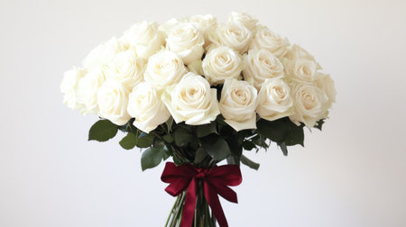 This elegant bouquet features fresh white roses beautifully arranged with greenery and tied with a red ribbon, perfect for various occasions.の素材
