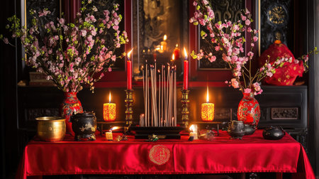 Captivating Chinese altar adorned with delicate flowers, serene candles, and incense sticks, creating an atmosphere of peace and spirituality for ceremonies.の素材