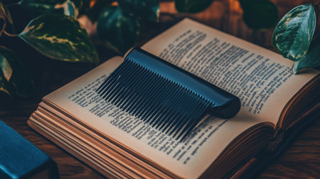 A black comb placed gently on an open book, surrounded by lush greenery. This serene arrangement reflects relaxation, knowledge, and a touch of nature.の素材