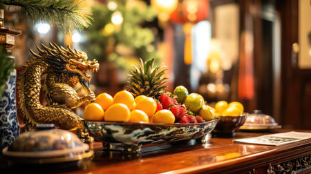 A vibrant assortment of fresh fruits arranged in an ornate bowl, accompanied by a traditional dragon statue. This captivating still life showcases cultural elegance and rich detail, perfect for decor inspiration.の素材