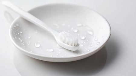 A minimalist image featuring a white toothbrush resting on a clean plate adorned with water drops, embodying a fresh and hygienic dental care routine.の素材