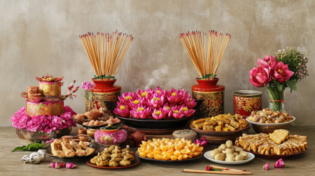 A vibrant display of traditional festive foods, featuring colorful sweets, flowers, and incense. The arrangement showcases the rich culinary culture and celebration spirit.の素材