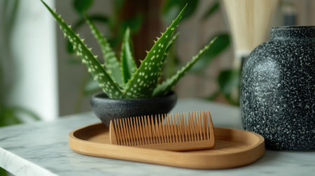 A wooden comb rests on a bamboo tray beside an elegant aloe vera plant. This composition reflects natural beauty and eco-friendly living, perfect for wellness inspiration.の素材