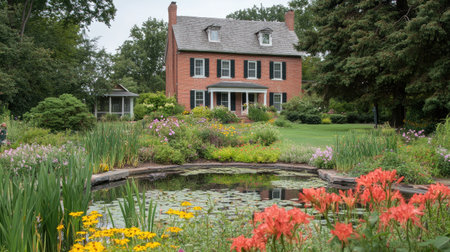 A stunning brick house stands majestically amid a vibrant garden filled with colorful flowers and a serene pond, creating a tranquil outdoor setting.の素材