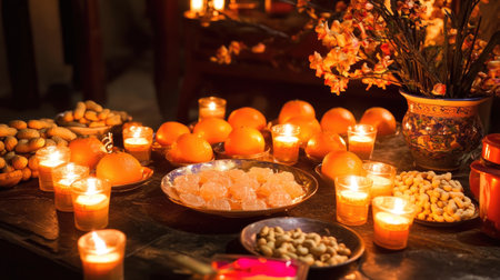 A vibrant display featuring oranges, candles, and various treats, creating an inviting atmosphere for celebration and festive gatherings.の素材