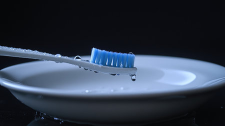 A close-up view of a blue toothbrush resting on a white plate, featuring glistening water droplets highlighting its clean design, perfect for hygiene-related themes.の素材