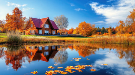 Beautiful autumn landscape featuring a charming house surrounded by vibrant foliage, reflections on a serene pond, and a bright blue sky. A peaceful scene.の素材
